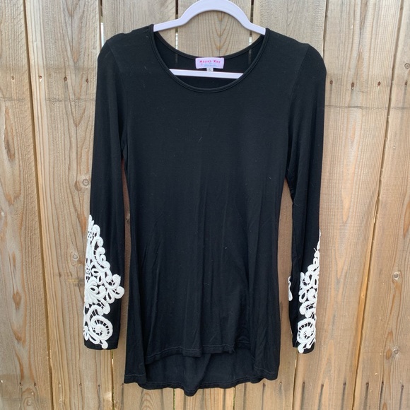Black Top with White Lace Embroidered Sleeves - Picture 1 of 4
